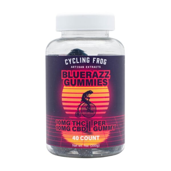 One 40-count BlueRazz THC and CBD gummies by Cycling Frog, on a clear background