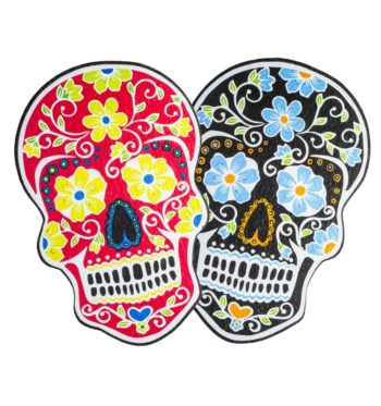 Two variations of the Die Cut Sugar Skull rubber dab mat from East Coasters, on a white background