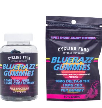 One 10-count and one 40-count BlueRazz THC and CBD gummies by Cycling Frog, on a clear background