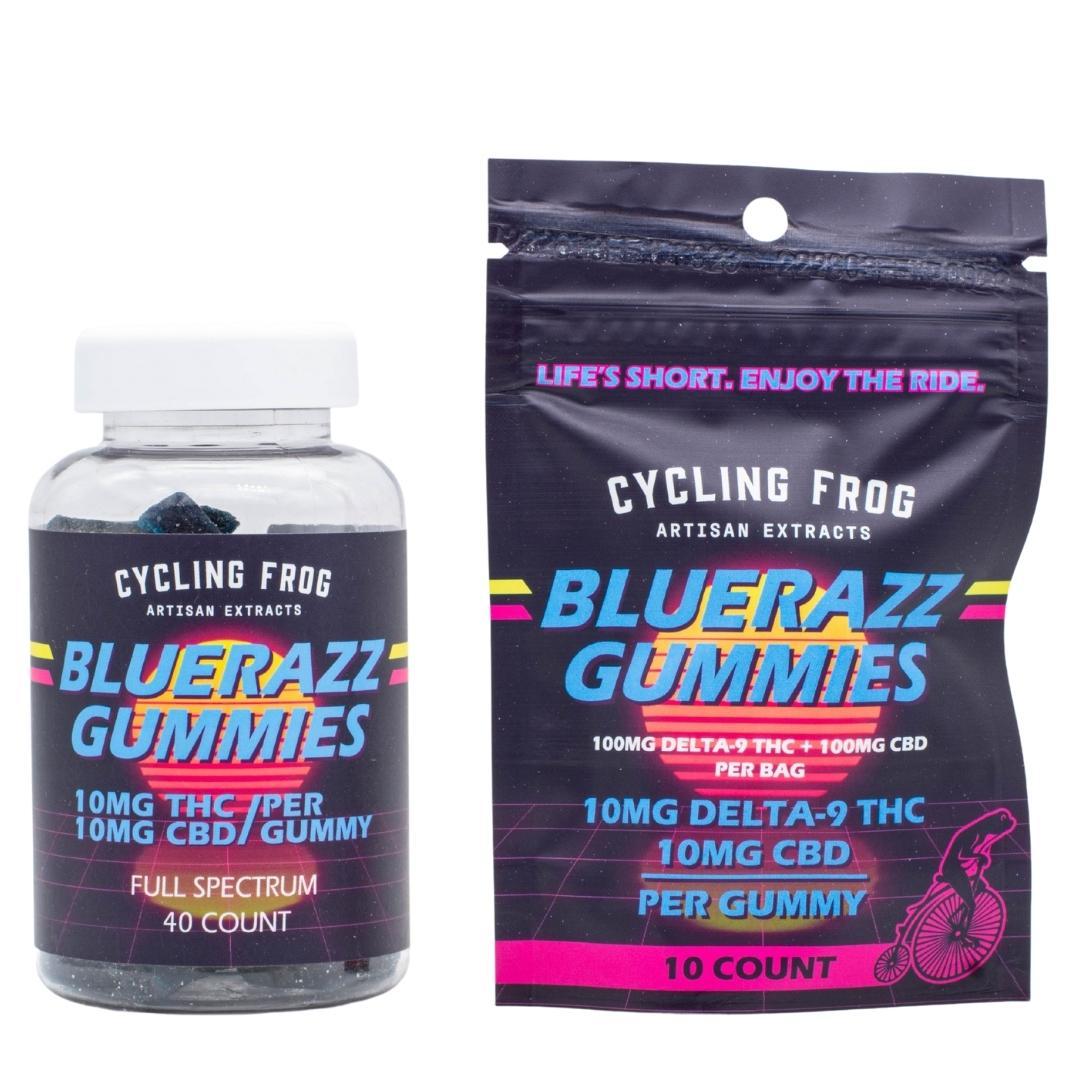 One 10-count and one 40-count BlueRazz THC and CBD gummies by Cycling Frog, on a clear background