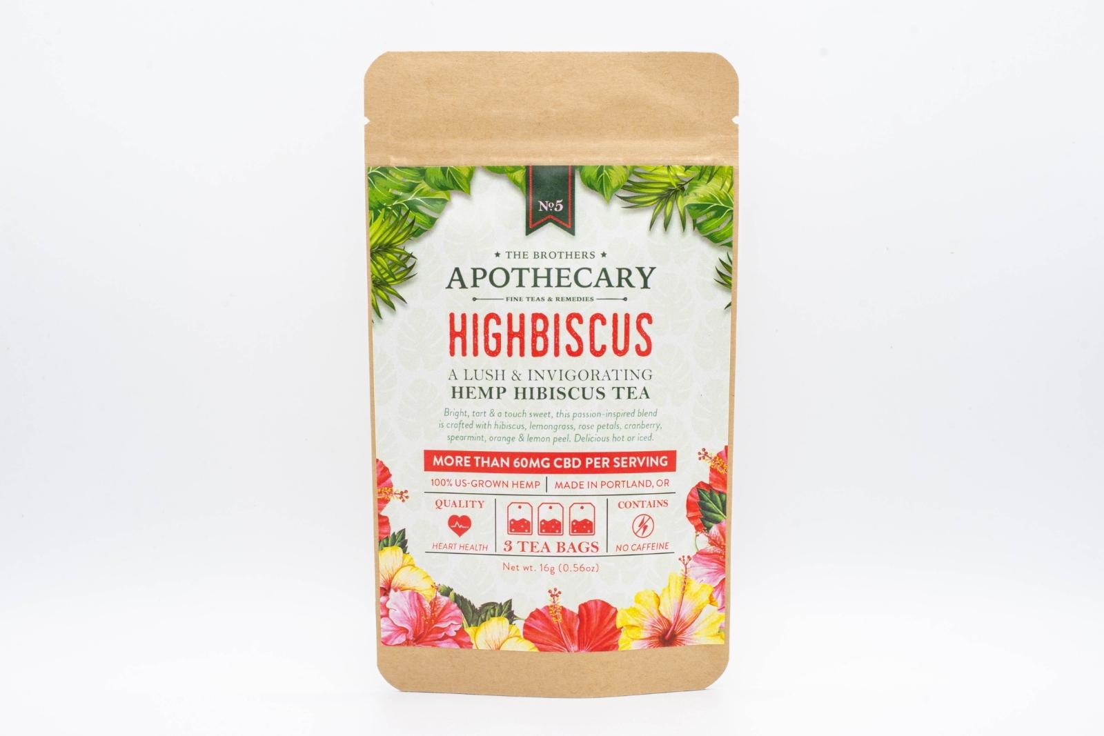A large packet of The Brothers Apothecary's Highbiscus Tea on a white background