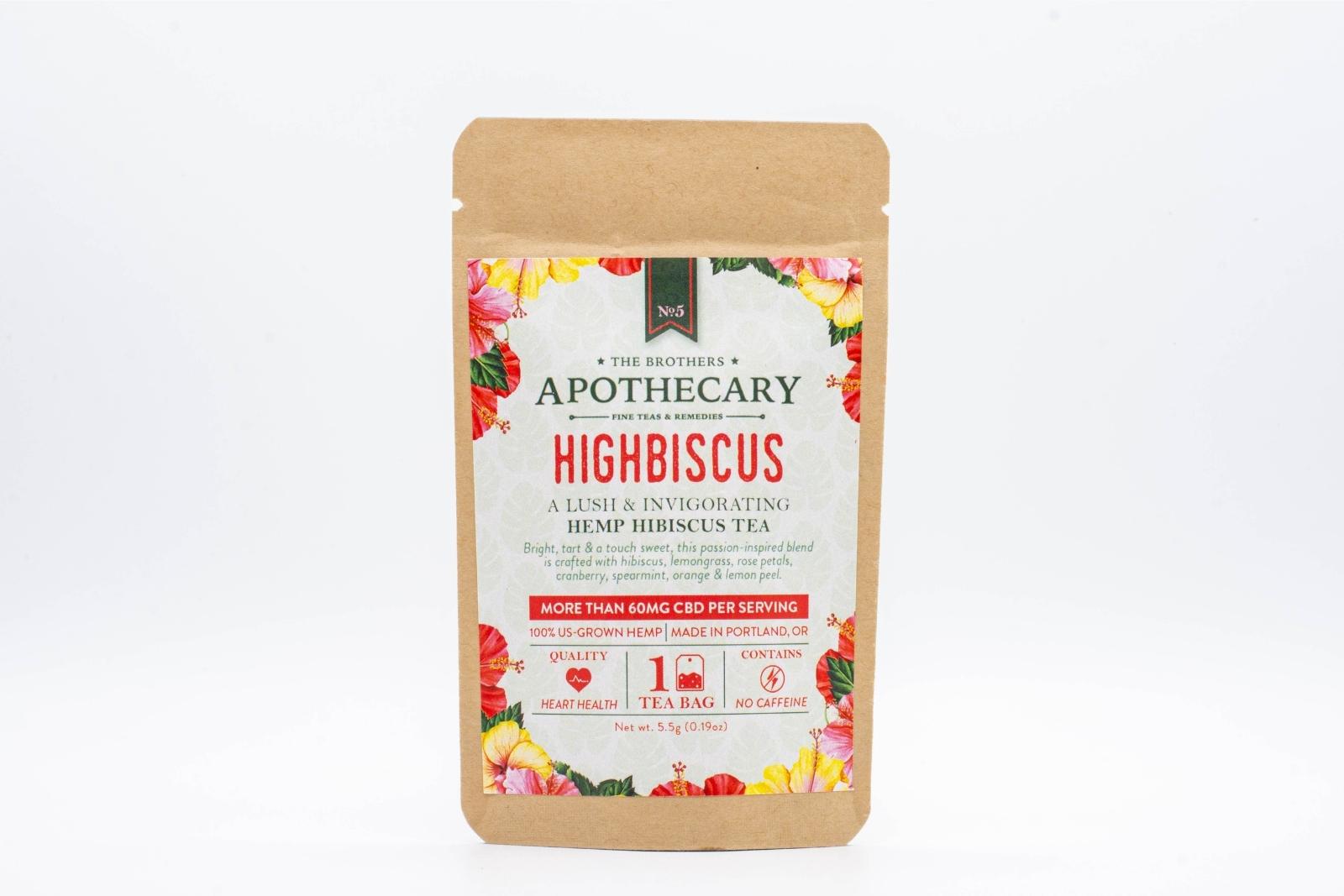 A small packet of The Brothers Apothecary's Highbiscus Tea on a white background