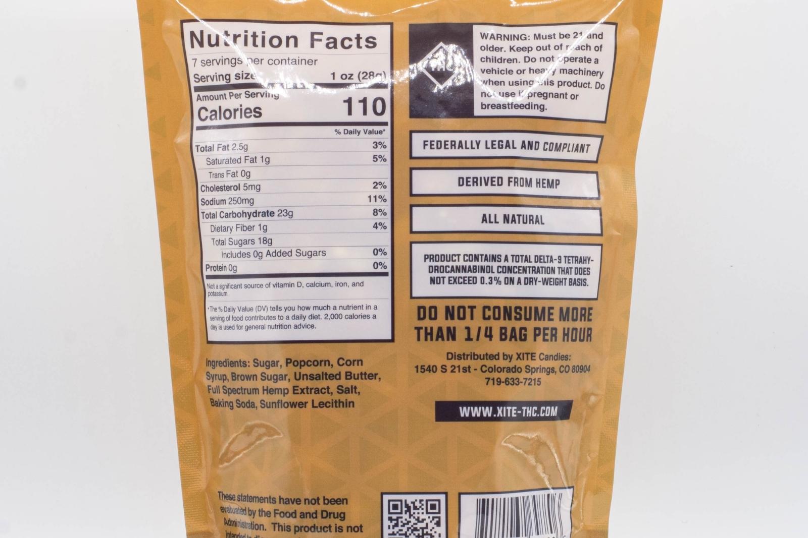 The backside of a bag of 1:1 Caramel Popcorn to show the nutritional facts, made by XITE, on a white background