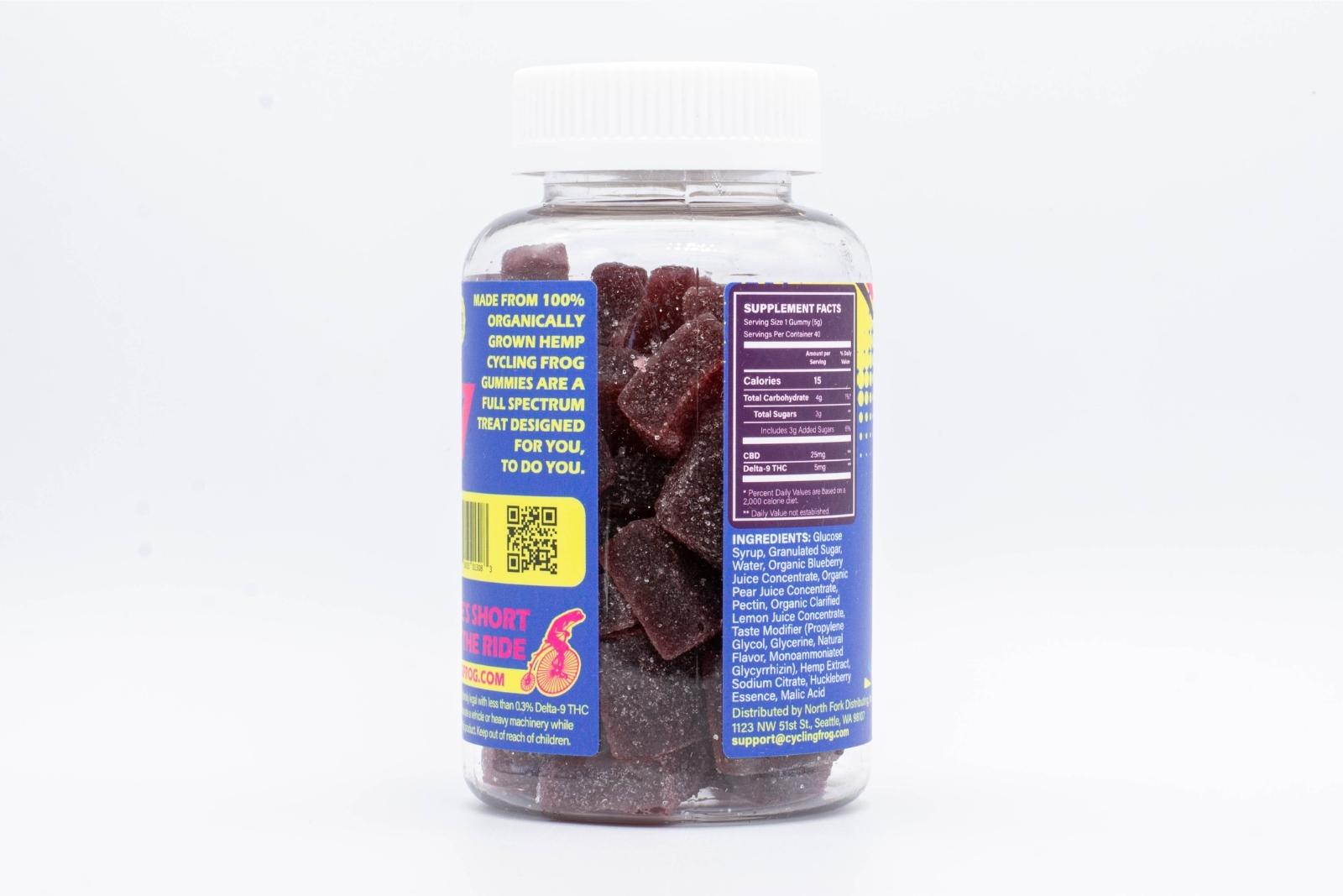 The back of one 40-count Huckleberry CBD gummies by Cycling Frog, on a clear background