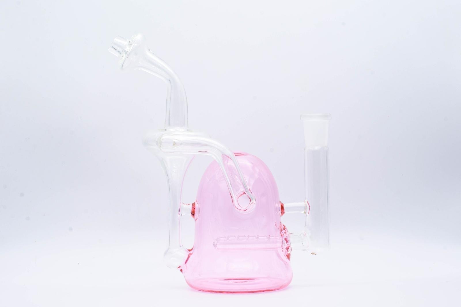 A pink 8-inch recycler made by Jack Glass Co., on a white background