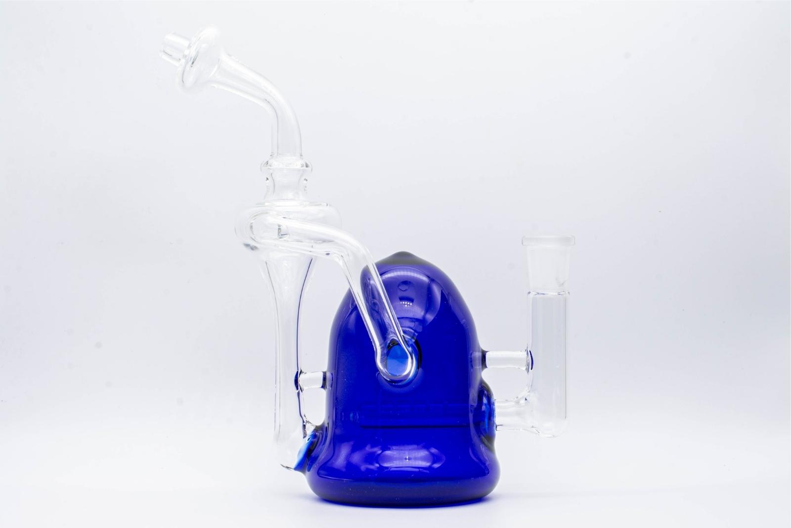 A blue 8-inch recycler made by Jack Glass Co., on a white background