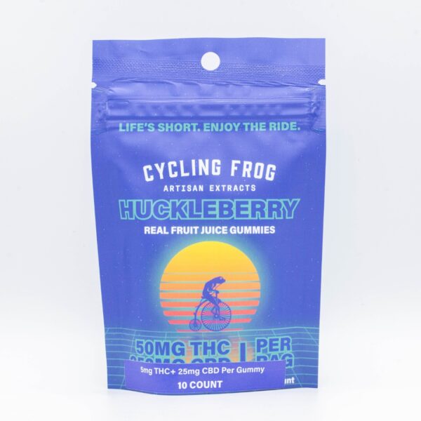 One 10-count Huckleberry CBD gummies by Cycling Frog, on a clear background