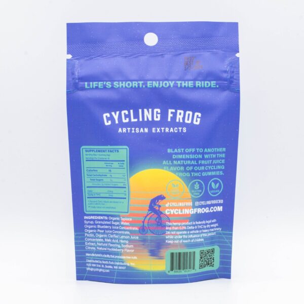 The backside of one 10-count Huckleberry CBD gummies by Cycling Frog, on a clear background