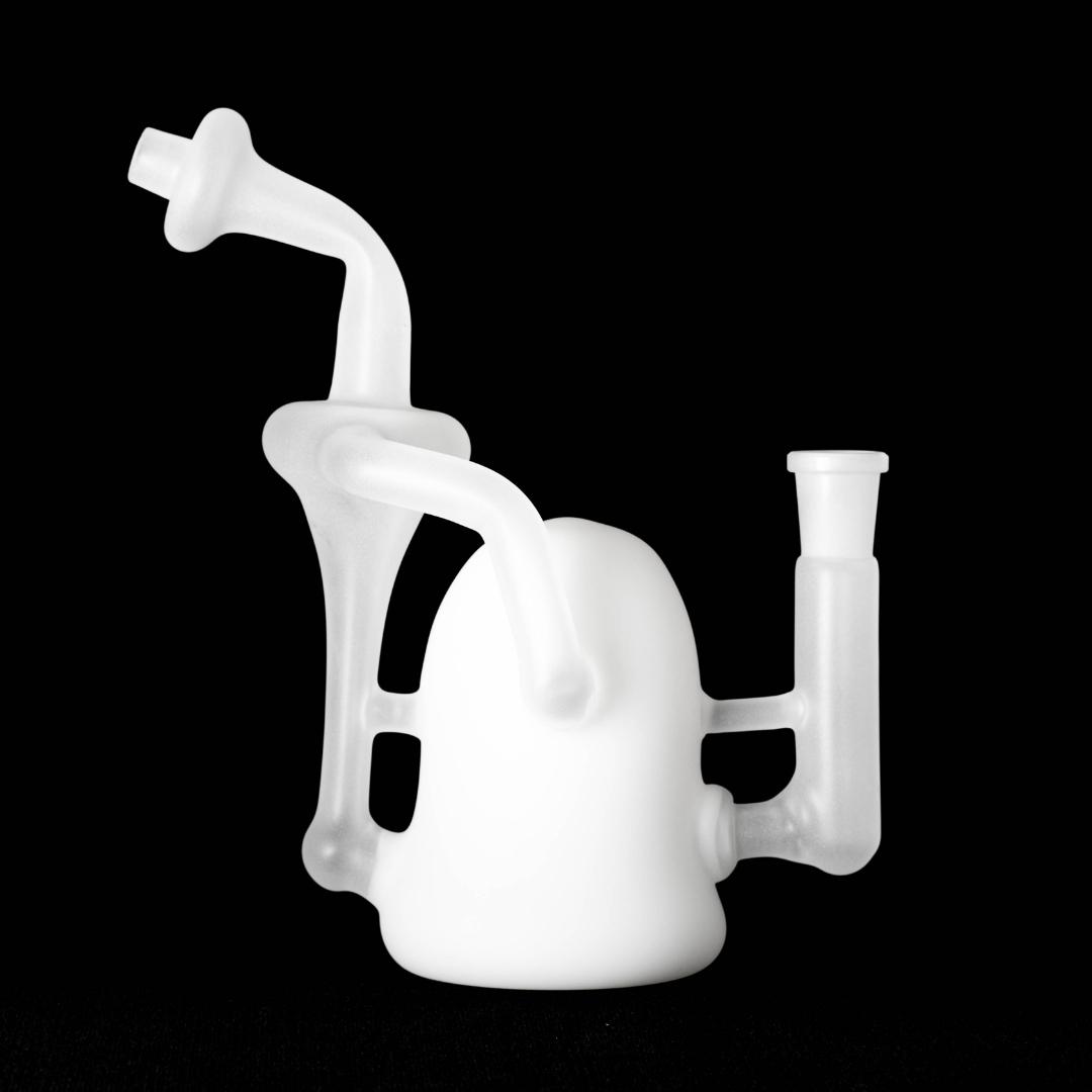 A white 8-inch recycler made by Jack Glass Co., on a black background