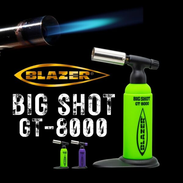 A collaged photo composed of a Green and Purple Blazer Big Shot GT8000 showing a torch flame