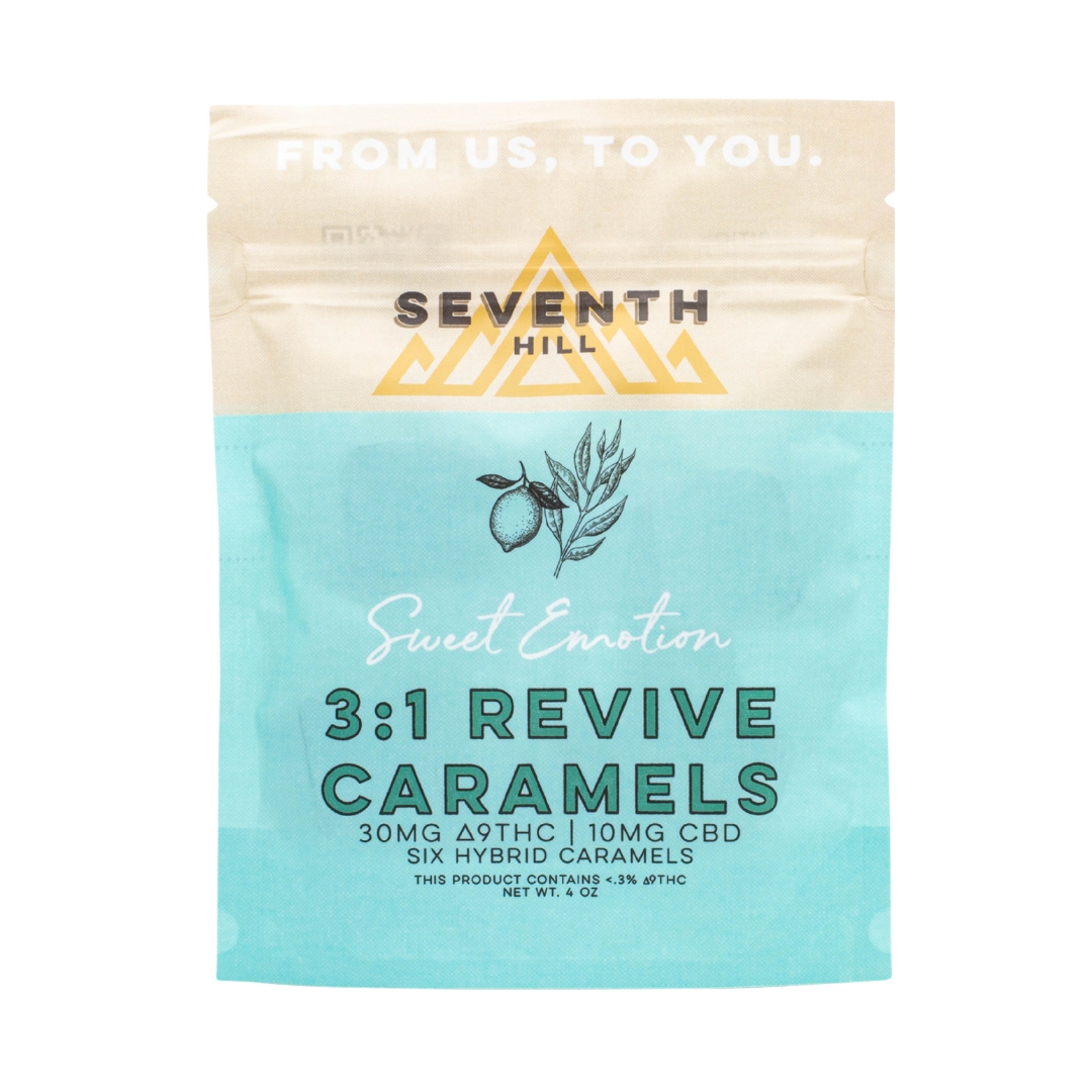 A 6 pack of Seventh Hill CBD's 3:1 Revive Caramel on a clear background