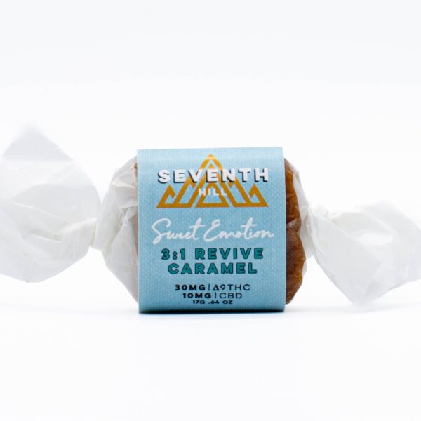 One piece of Seventh Hill CBD's 3:1 Revive Caramel on a clear background