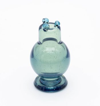 A clear blue spinner bubble cap made by BorOregon, on a white background