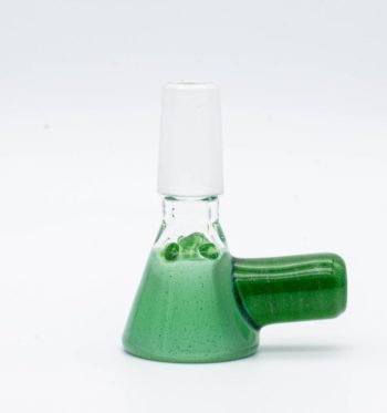 A 14mm green slide made by BorOregon, on a white background
