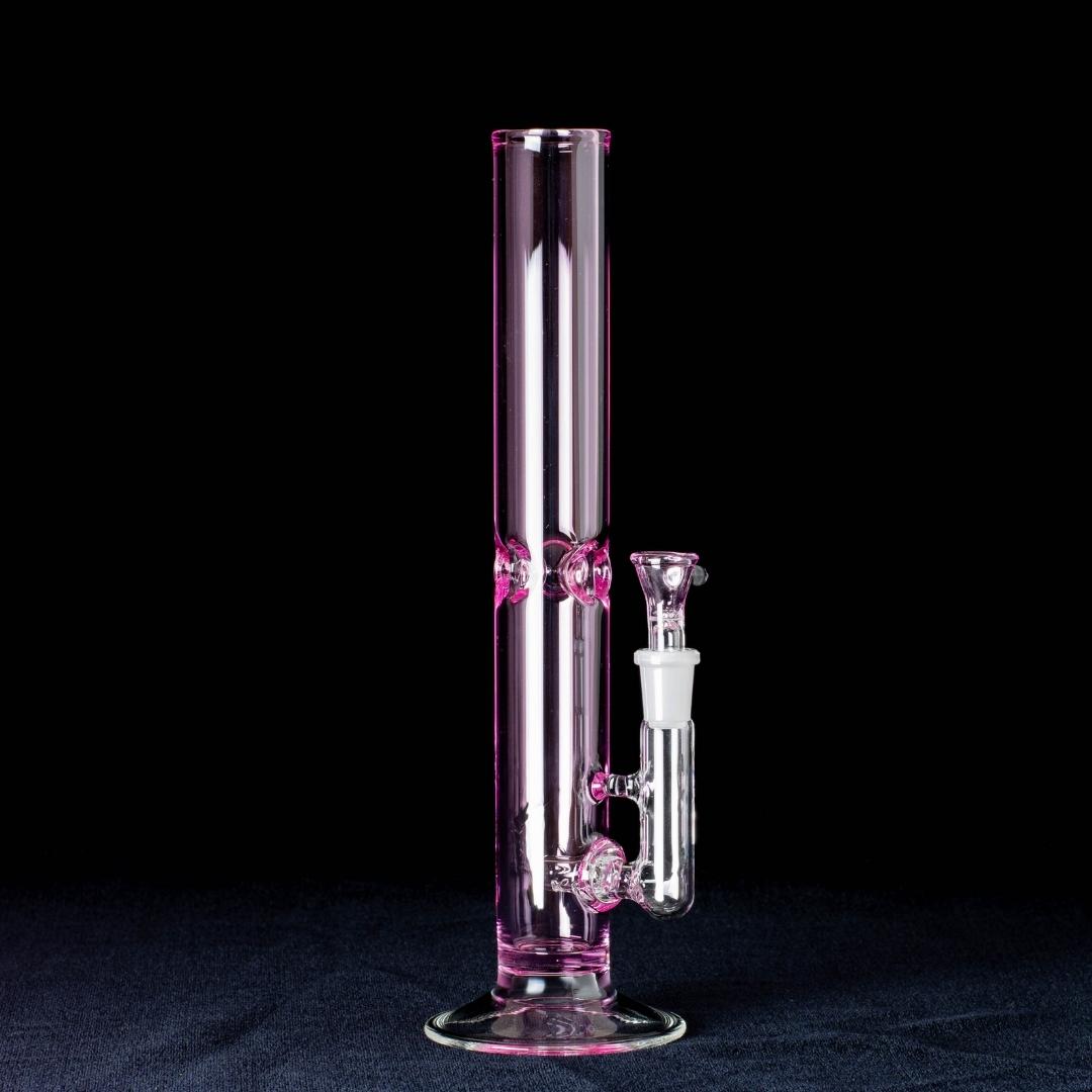A pink, 12-inch straight tube, made by Jack Glass Co., on a black background