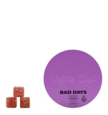 A stack of Lights Out CBN Gummies by Bad days, next to its container, on a clear background