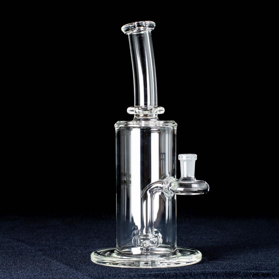 A clear, 7-inch banger hanger, made by BorOregon, on a black background