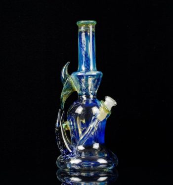 A silver and cobalt 8-inch glass rig made by Bradfurd Glass, on a black background