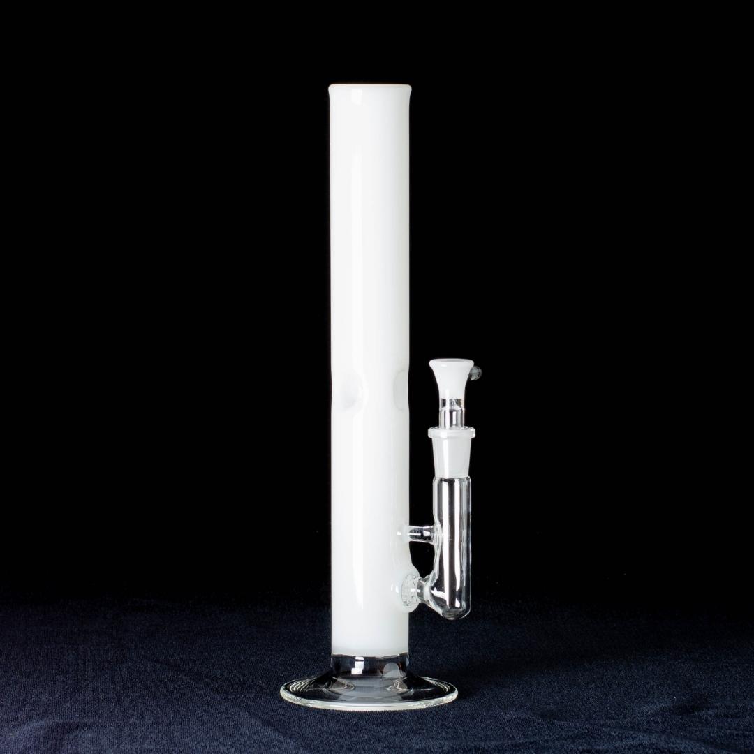A white, 12-inch straight tube, made by Jack Glass Co., on a black background