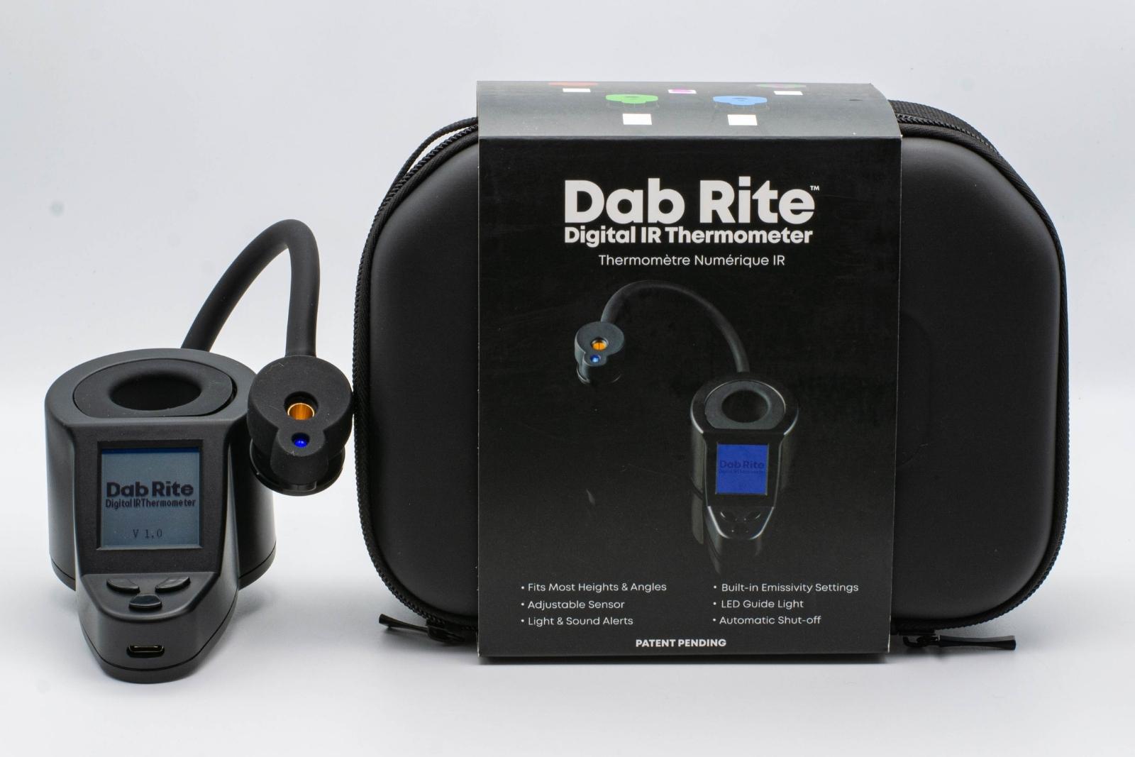 A Dab Rite Digital Infrared Thermometer, next to its case, on a white background