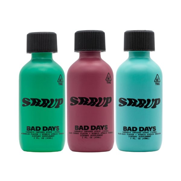 Three bottles of SRRUP by Bad Days, one Pink RNTZ, one RNTZ OG, and one Berry RNTZ flavor, on a white background