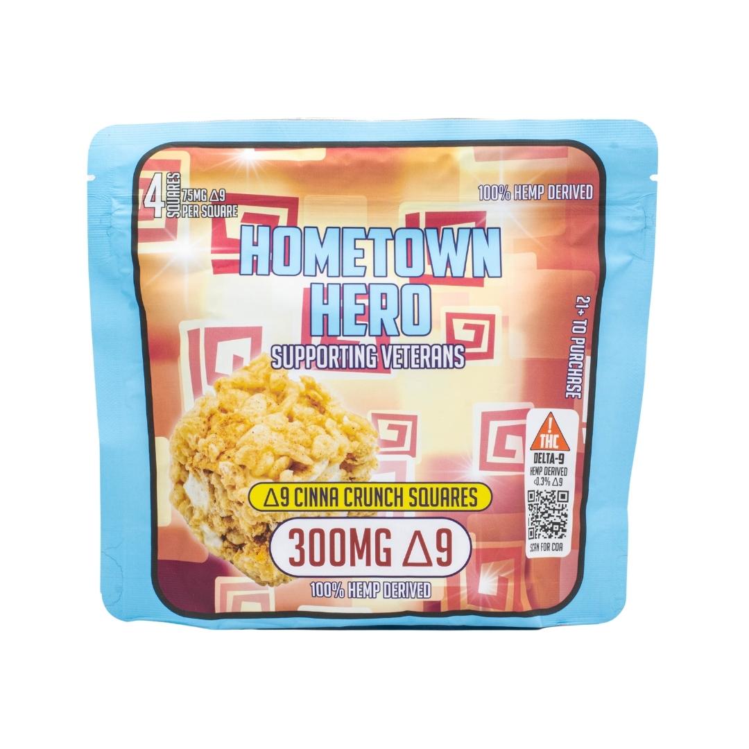 A package of Cinna Crunch Squares by Hometown Hero, on a clear background