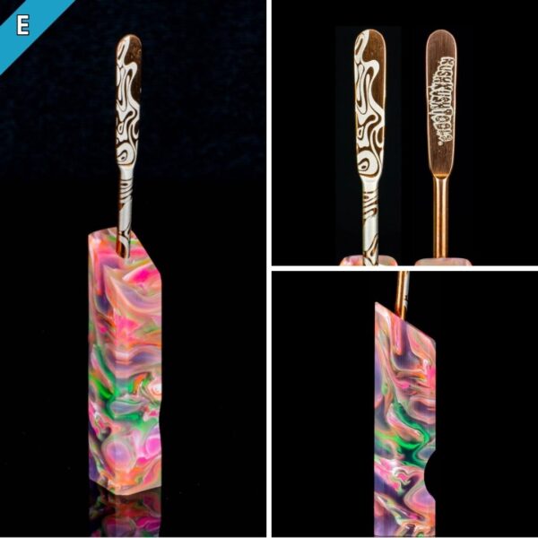 A collage of photos of a dab tool crafted by KushKushTools