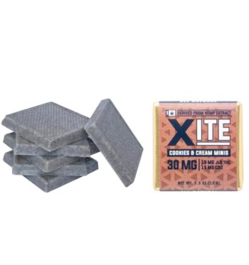 A stack of Xite 1:1 Cookies and Cream Mini Chocolates, next to one in its wrapper, on a clear background
