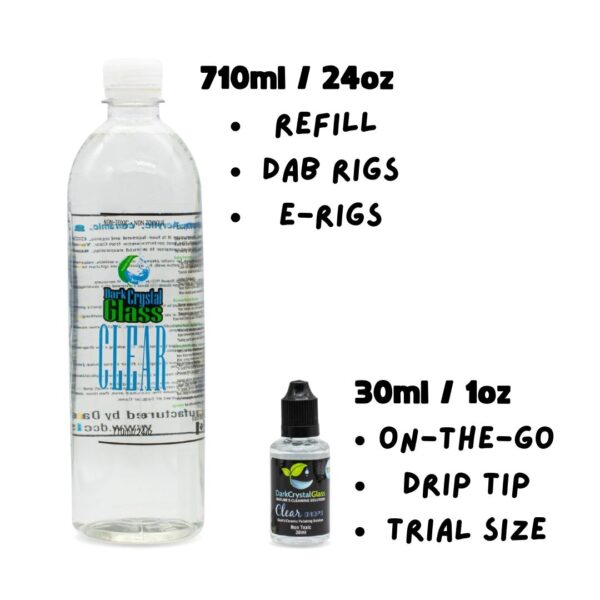 A 710mL bottle and a 30mL bottle of Dark Crystal Glass Clear, on a white background