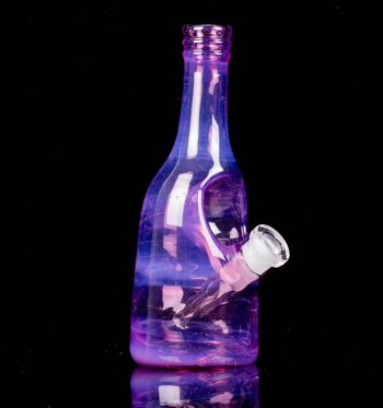 A purple sake bottle rig by Costa Glass, on a black background