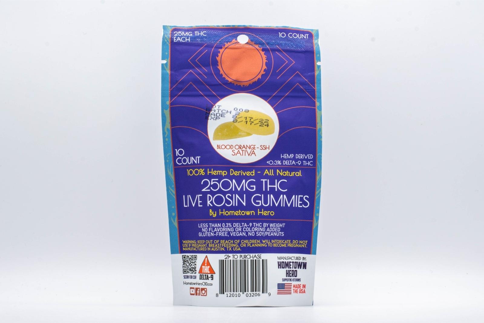 The backside of a bag of Blood Orange flavored Super Silver Haze Live Rosin Gummies by Hometown Hero,
