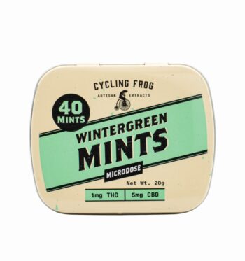 One container of Wintergreen THC Mints by Cycling Frog, on a clear background