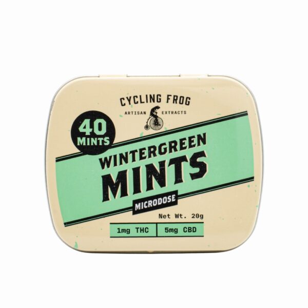 One container of Wintergreen THC Mints by Cycling Frog, on a clear background