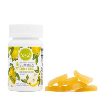 A bottle of CBD + CBG Pear Gummies by Wyld CBD, next to a pile of the gummies, on a white background