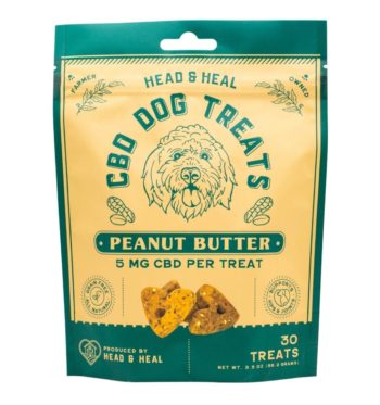 A bag of peanut butter flavored CBD Dog Treats by Head and Heal, on a white background