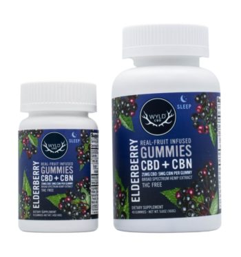 A 10-count bottle and a 40-count bottle of CBD + CBN Elderberry Gummies by Wyld CBD on a white background