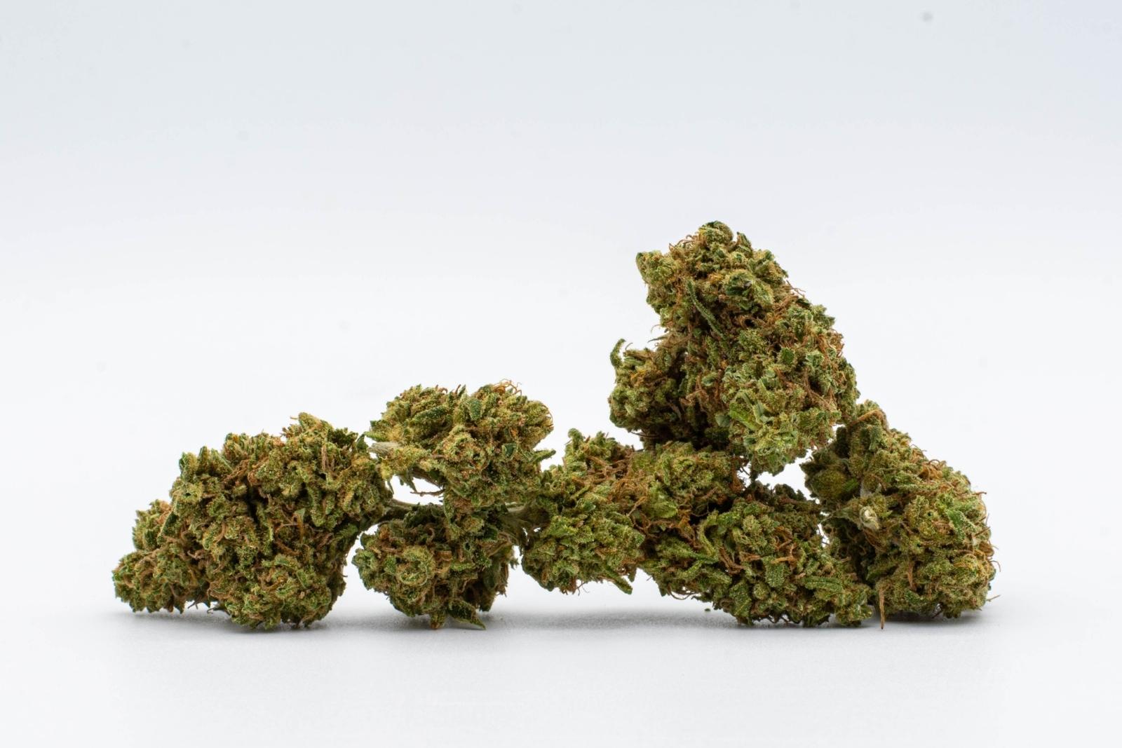 A pile of nugs of Cherry Crème Brulee hemp flower by Holy City Farms, on a white background