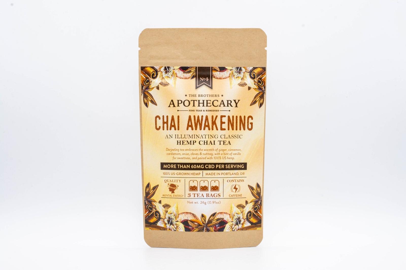 A large packet of The Brothers Apothecary's Chai Awakening CBD Tea on a white background