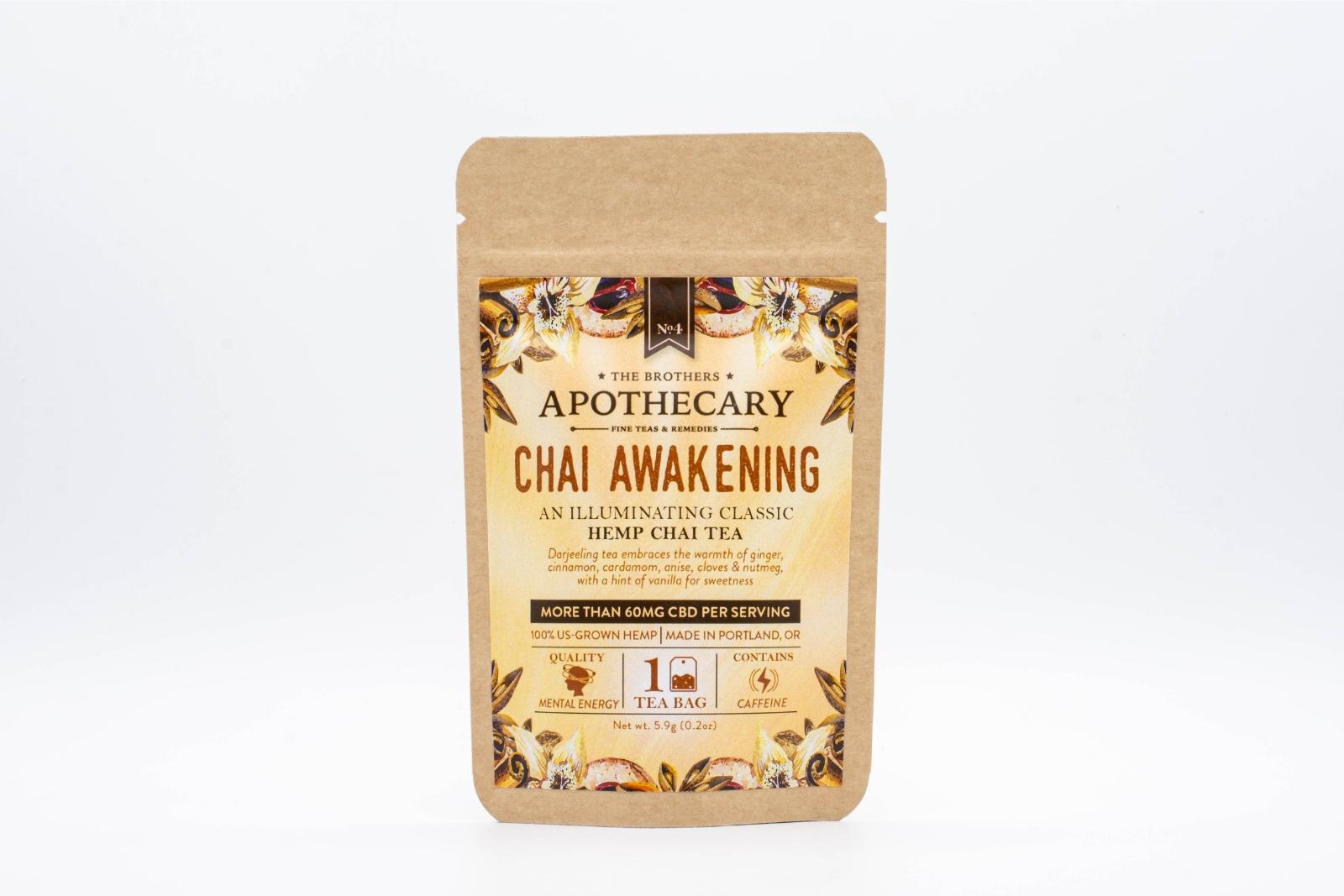 A small packet of The Brothers Apothecary's Chai Awakening CBD Tea on a white background