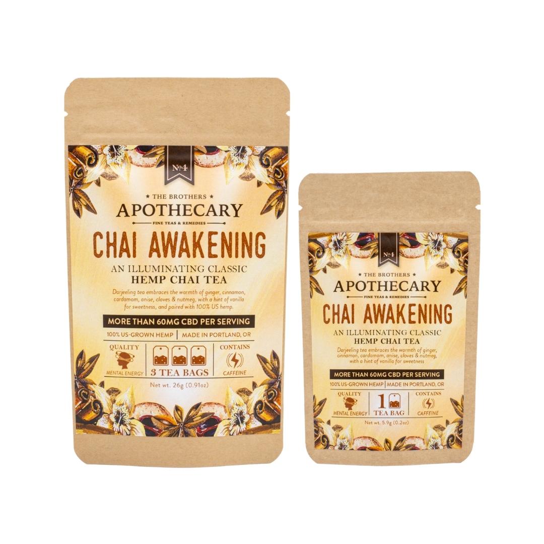 Two packets of The Brothers Apothecary's Chai Awakening CBD tea, one large and one small, on a white background