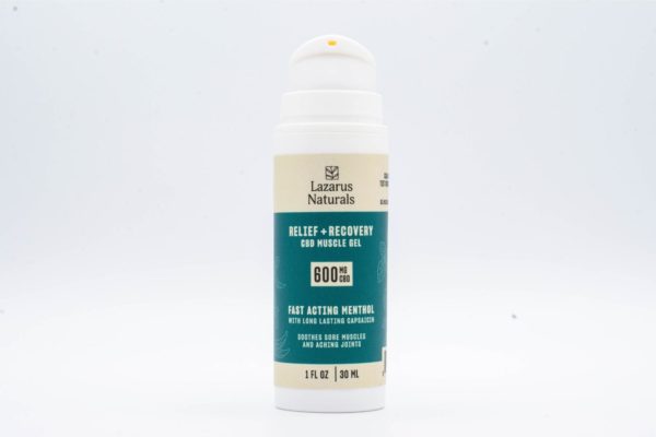 An open bottle of Seventh Hill CBD's Relief + Recovery CBD Muscle Gel, on a white background