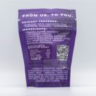 The backside of a bag of 3:1 Indica Gummies by Seventh Hill CBD, on a white background