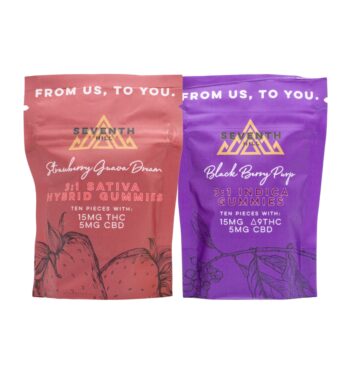 One bag of 3:1 Sativa Hybrid Gummies and one bag of Indica Gummies by Seventh Hill CBD, on a clear background