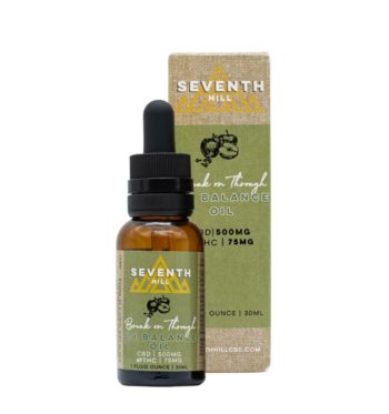 A bottle of Seventh Hill CBD's 6:1 Balance Oil next to its packaging against a white background