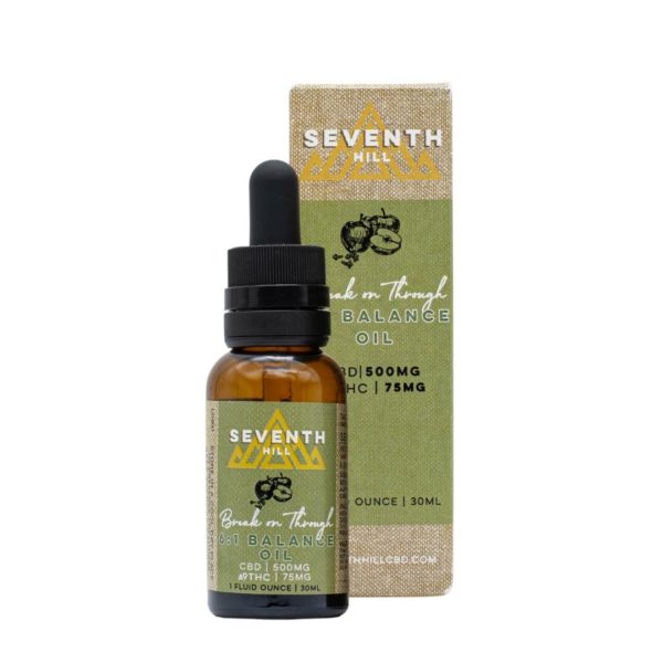 A bottle of Seventh Hill CBD's 6:1 Balance Oil next to its packaging against a white background