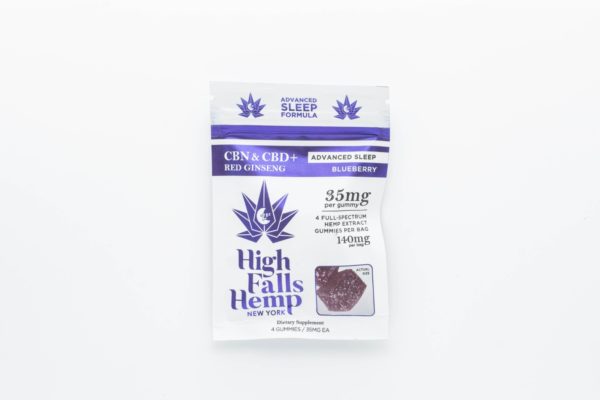 A packet of High Falls Hemp Advanced Sleep CBN + CBD gummies on a white background