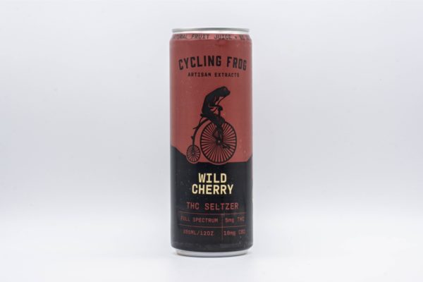 A single can of Wild Cherry THC Seltzer by Cycling Frog Artisan Extracts, on a white background
