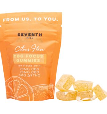 A bag of CBG Focus Gummies by Seventh Hill CBD, next to a pile of the gummies, on a white background