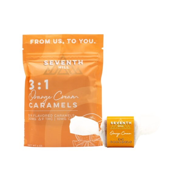 A bag of 3:1 Orange Cream Caramels by Seventh Hill CBD, next to a single caramel, on a clear background.