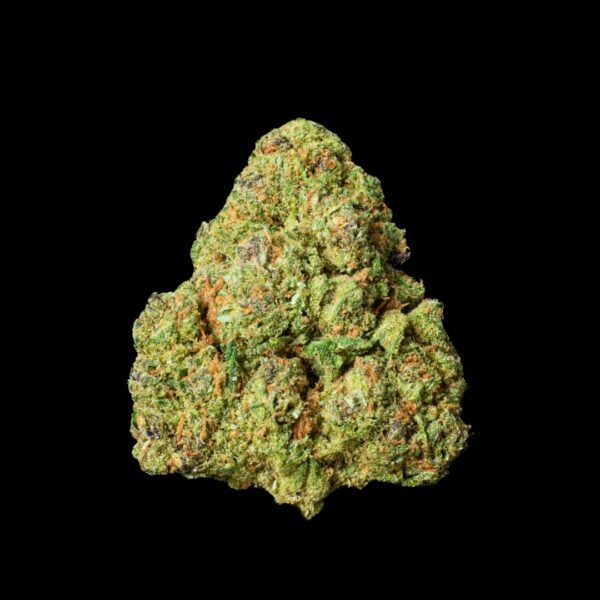 One nug of Pink Panther hemp flower on a black background.